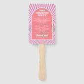 Roze boog en zonnestralen groovy bruiloft programm handwaaier (Achterkant)