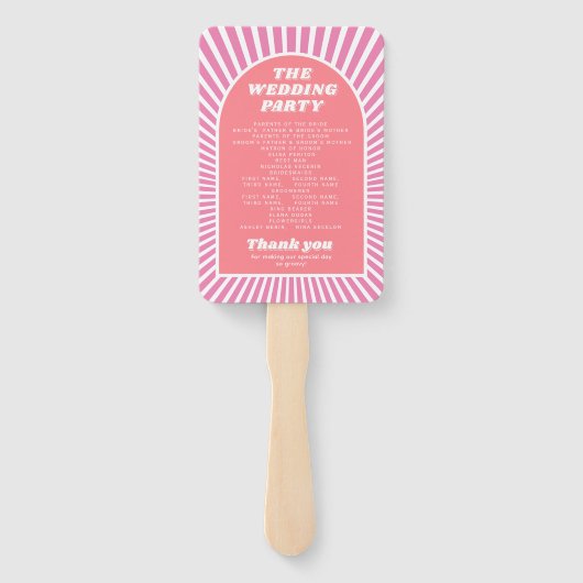 Roze boog en zonnestralen groovy bruiloft programm handwaaier (Achterkant)