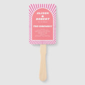 Roze boog en zonnestralen groovy bruiloft programm handwaaier (Voorkant)