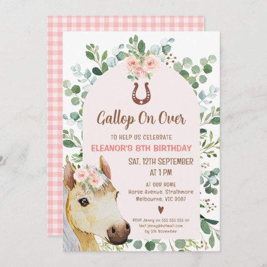 Roze boog gebladerte Paard Pony Verjaardag Kaart (Voorkant / Achterkant)