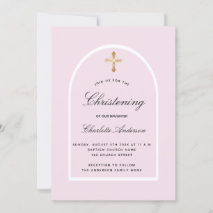 Roze boog gouden kruis meisje eenvoudige doopsel kaart