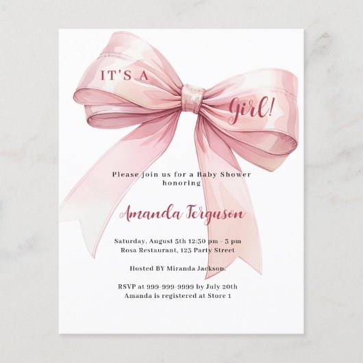 Roze boog het is een meisje Baby shower uitnodigin (Voorkant)