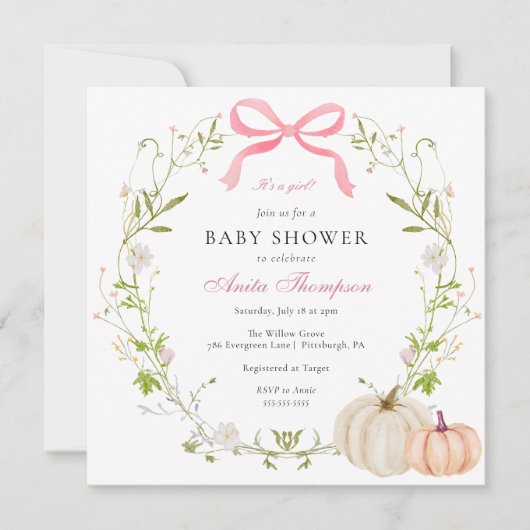 Roze boog Het is een meisje pompoen Baby shower Kaart (Voorkant)