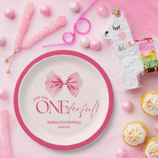 Roze boog Kleine Miss Onederful 1e verjaardag Papieren Bordje (Feest)