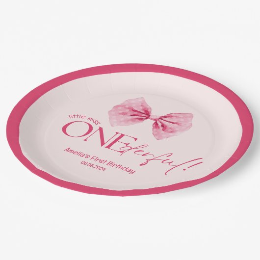 Roze boog Kleine Miss Onederful 1e verjaardag Papieren Bordje (Gekanteld)