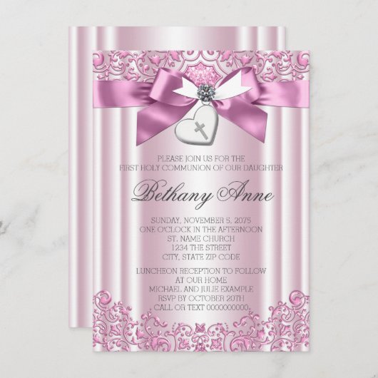 Roze Boog Kruis Eerste Communie Kaart (Voorkant / Achterkant)