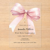 Roze boog meisje duidelijk Eerste Communie Acryl Uitnodigingen (Voorkant)