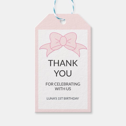 Roze Boog Meisje Kinderen 1e Verjaardag Cadeaulabel (Voorkant)