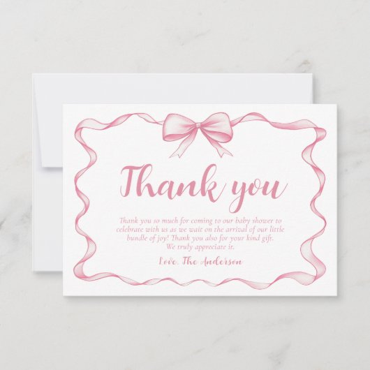 Roze boog meisje lint Baby shower dank u kaart (Voorkant)