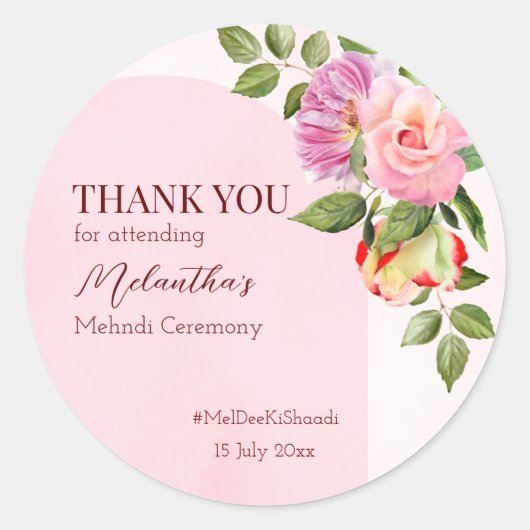 Roze boog met rozen gepersonaliseerde media bedank ronde sticker (Voorkant)
