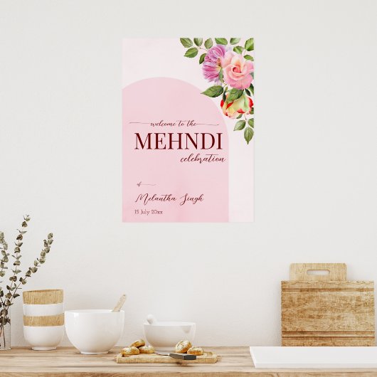 Roze boog met rozen op maat poster (Keuken)