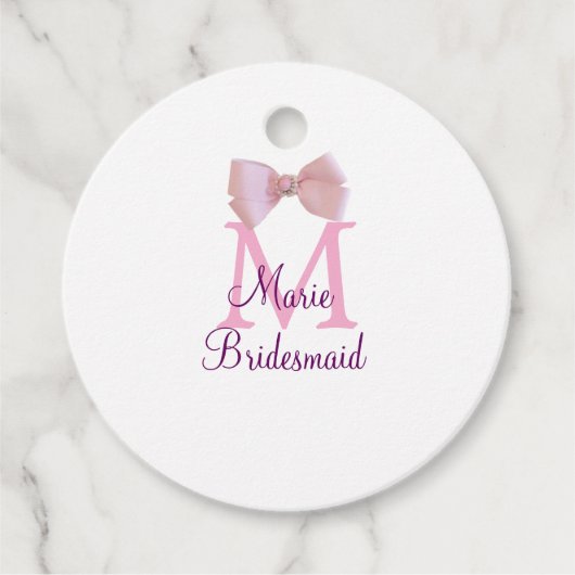 Roze boog monogram bruidsmeisje moderne girly rust bedankjes labels (Voorkant)