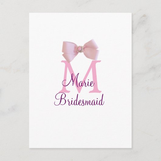 Roze boog monogram bruidsmeisje moderne girly rust briefkaart (Voorkant)