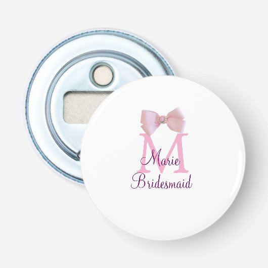 Roze boog monogram bruidsmeisje moderne girly rust button flesopener (Voorkant)