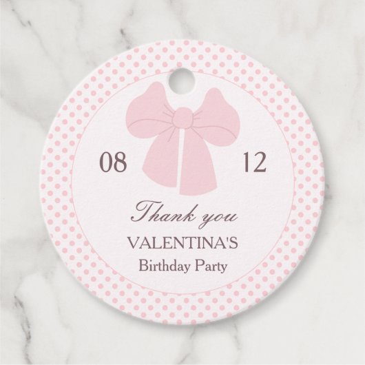 Roze boog polka dot meisjes verjaardag bedankjes labels (Voorkant)