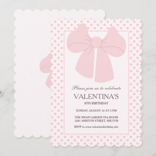 Roze boog polka dots meisjes verjaardag uitnodigin kaart (Voorkant / Achterkant)