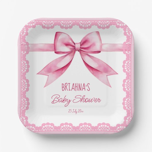 Roze boog retro kant baby shower bedrukte sjabloon papieren bordje (Voorkant)