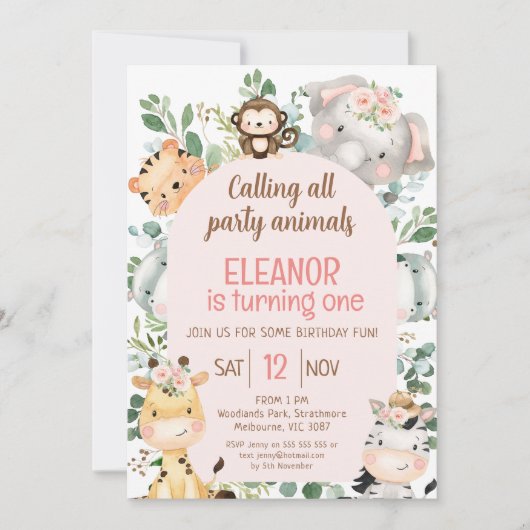 Roze Boog Safari Feest Dieren 1e Verjaardag Kaart (Voorkant)