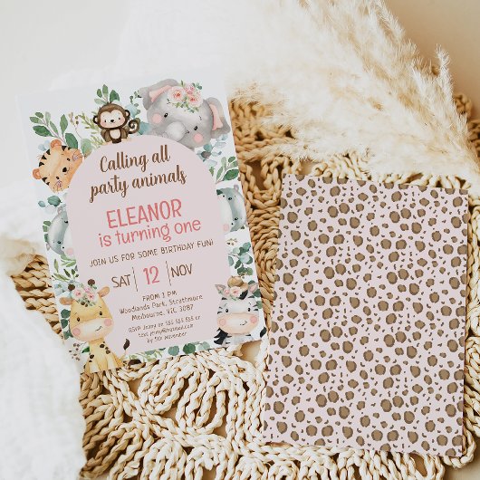 Roze Boog Safari Feest Dieren 1e Verjaardag Kaart