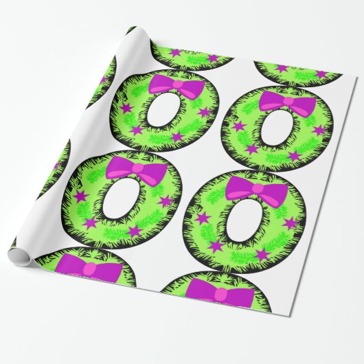 Roze boog sterren en groene kerstfeestdag, geschat cadeaupapier (Uitgerold)
