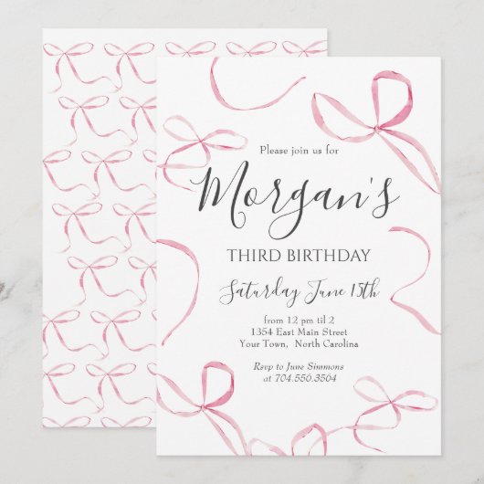 Roze boog verjaardag uitnodiging, Preppy meisje ve Kaart (Voorkant / Achterkant)