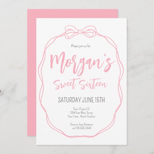 Roze boog verjaardag uitnodiging, Preppy meisje ve Kaart (Voorkant / Achterkant)