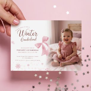 Roze Boog Winter Onederland Meisje Foto 1e Verjaar Kaart