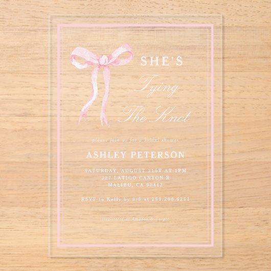 Roze boog Ze bindt de knoop Vrijgezellenfeest Acryl Uitnodigingen (Voorkant)