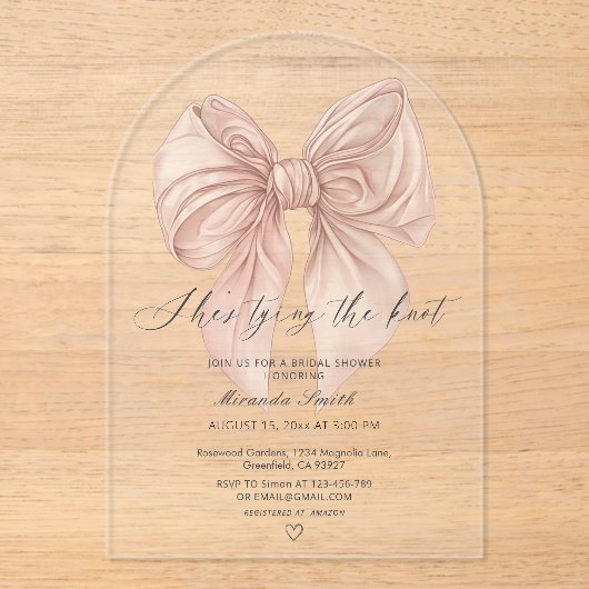 Roze boog Ze bindt de knoop Vrijgezellenfeest Acryl Uitnodigingen (Voorkant)