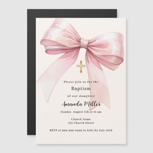 Roze boogcrème meisje Doop Magnetische Uitnodiging (Voorkant / Achterkant)