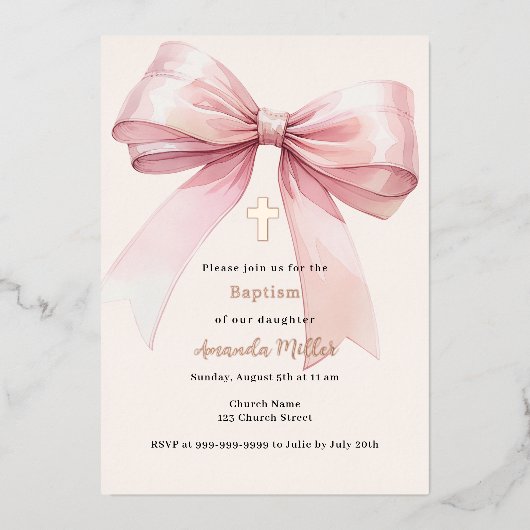 Roze boogcrème meisje Doop roos goud Folie Uitnodiging (Voorkant)