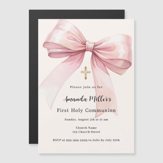 Roze boogcrème meisje Eerste Communie Magnetische Uitnodiging (Voorkant / Achterkant)