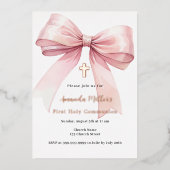 Roze boogcrème meisje roos goud Eerste Communie Folie Uitnodiging (Voorkant)