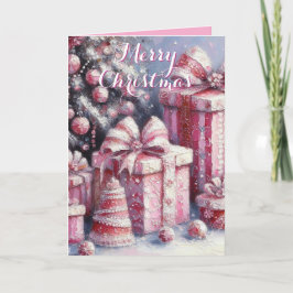 Roze Boom & Cadeaus – Whimsical Kerstgroet Kaart