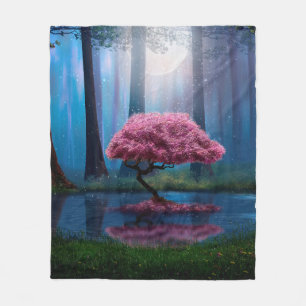 Roze boom en vijver in de bossen 's nachts fleece deken