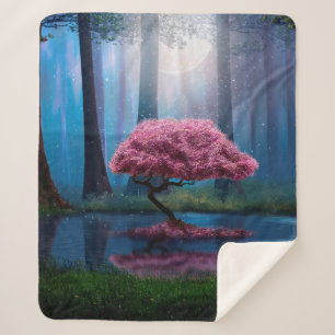 Roze boom en vijver in de bossen 's nachts sherpa deken