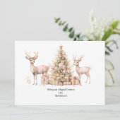 Roze Boom Herten Rendier Boho Vintage Kerstmis Feestdagenkaart (Staand voorkant)