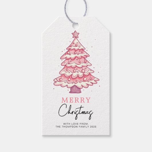 Roze Boom Kerst Vakantie Cadeaulabel (Voorkant)