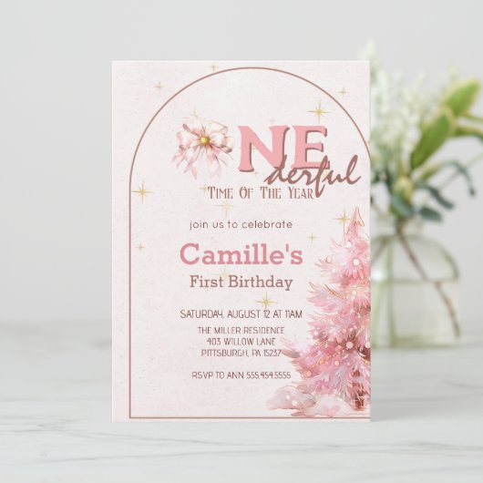 Roze boom Kerstmis Uitnodiging (Staand voorkant)