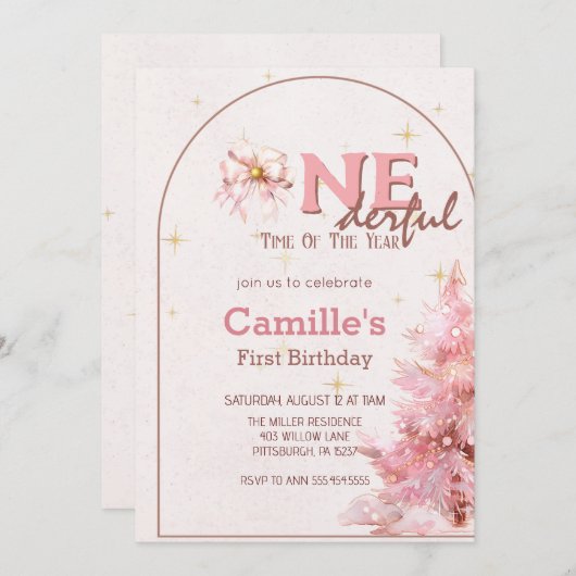 Roze boom Kerstmis Uitnodiging (Voorkant / Achterkant)