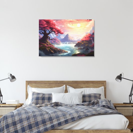 Roze Boom Serenity Berglandschap met Rivier Canvas Afdruk (Insitu (Slaapkamer))