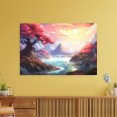Roze Boom Serenity Berglandschap met Rivier Canvas Afdruk (Insitu (Woonkamer))