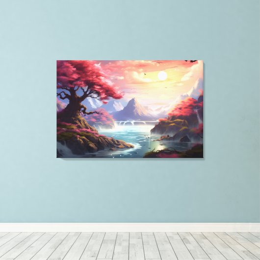 Roze Boom Serenity Berglandschap met Rivier Canvas Afdruk (Insitu (Houten vloer))