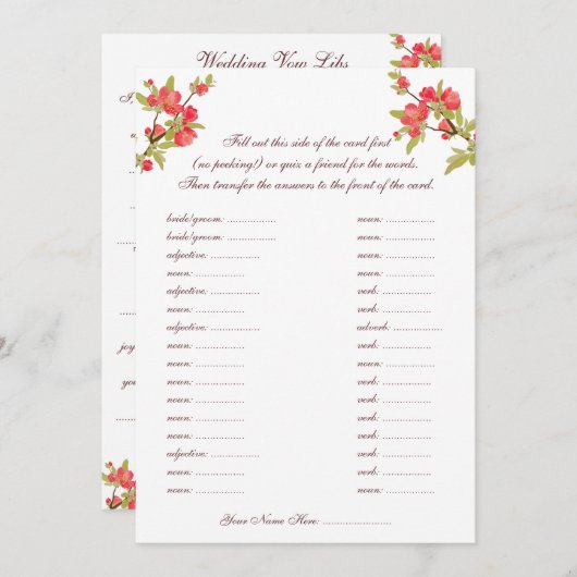 Roze boombloesems Weddenschap Woten Libs Kaarten (Voorkant / Achterkant)