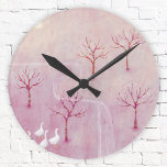 Roze boomgaard met ganzenlandschap schilderij ronde klok<br><div class="desc">Een kudde ganzen in een boomgaard van appelbomen in de lente. Een zacht droomachtig stoffig roze landschapsschilderij. Originele kunst van Nic Squirrell.</div>