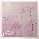 Roze boomgaard met ganzenlandschap schilderij tegeltje<br><div class="desc">Een kudde ganzen in een boomgaard van appelbomen in de lente. Een zacht droomachtig stoffig roze landschapsschilderij. Originele kunst van Nic Squirrell.</div>