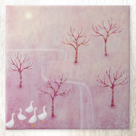 Roze boomgaard met ganzenlandschap schilderij tegeltje
