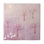 Roze boomgaard met ganzenlandschap schilderij tegeltje (Voorkant)