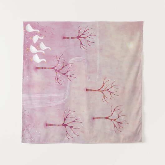 Roze boomgaard met ganzenlandschap schilderij wandkleed (Voorkant (horizontaal))