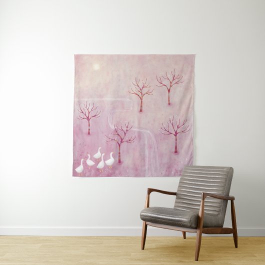 Roze boomgaard met ganzenlandschap schilderij wandkleed (In situ)